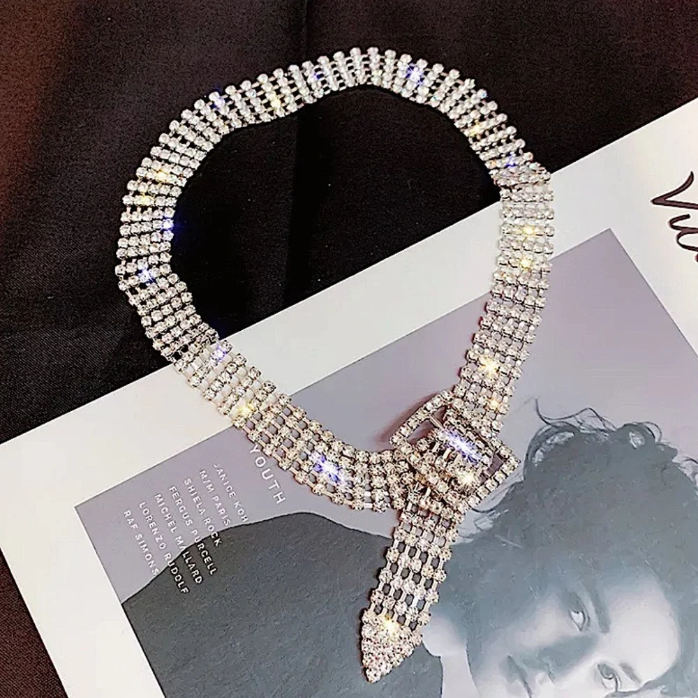 Silver Belt Buckle Crystal Rhinestone Choker